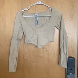 Zara Tan Beige Ribbed Corset Crop Top Long Sleeve Womens Size Medium Large